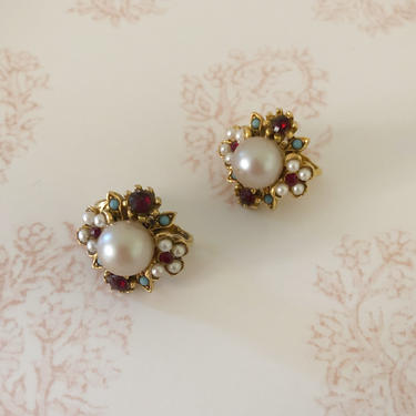 Small, Ornate Faux-Pearl Clip-On Earrings - 1960s 