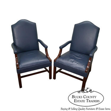 Quality Pair of Blue Leather Chippendale Style Office Arm Chairs (B) 