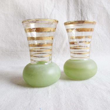 Vintage Mid Century Shot Sherry Glasses Set of 2 - Pale Mint Green Gold Bud Vase - Hollywood Regency Barware - Striped Gold  60s Glasses 