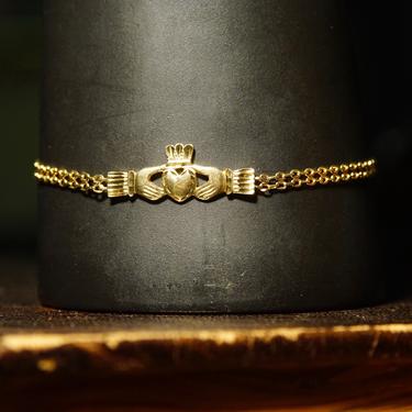 Antique Aurafin 14K Yellow Gold Claddagh Bracelet, 2-Row Link Chain, Diamond Cut Irish Claddagh Symbol, 585 Promise Bracelet, 7 3/8&quot; L 