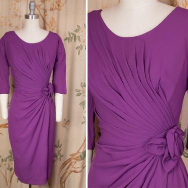 1950s Dress - Gorgeous Dorothy O'Hara 50s Cocktail Dress with Sexy Radiating Pleats and Rosette in Brilliant Violet 