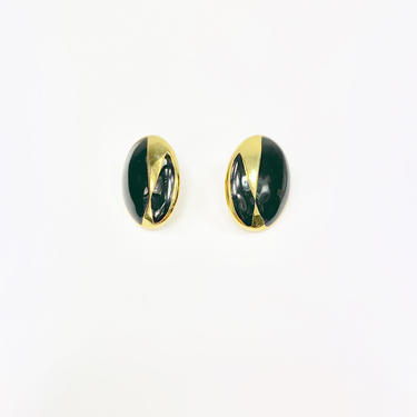Vintage 80's Black Enamel and Gold Minimalist Oval Post Earrings 