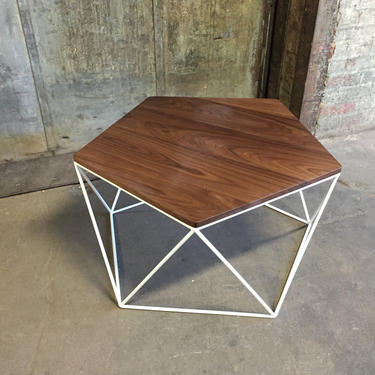 Modern Coffee Table With Solid Wood Top and Welded Steel Icosahedron Segmented Base 