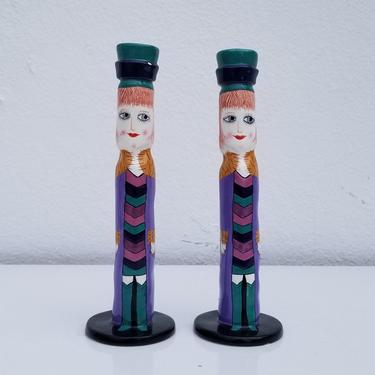 Susan Paley Artistic Hand Painted Ceramic Candle Holders - A Pair . 