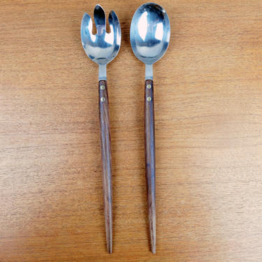 Vintage Wood Salad Serving Fork and Spoon | 13 1/2&amp;quot; Long Handles | Teak Stainless Steel | Japan 