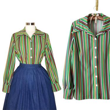 Vintage Striped Blouse, Large / Multi Colored Button Up Shirt / Green Disco Era Shirt / Mod Green Striped Polyester Shirt with Dagger Collar 