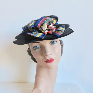 Vintage 1940's Black Straw Brimmed Hat Fruit and Striped Ribbon Trim WW2 Era Rockabilly Spring 40's Millinery Roos Bros. California 