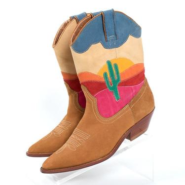 Vintage 1980s Boots | 80s Suede Desert Scene Southwestern Cowgirl Boots Cactus Sun Western Cowboy Boots (size 7.5) 