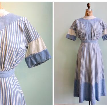 Vintage 1910's Edwardian Striped Chambray Gown | Size Small 