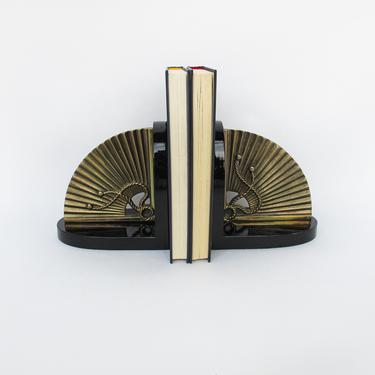 Vintage Set of 2 Solid Brass and Black Enameled Wood Fan Bookends 