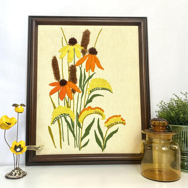 Vintage 1970s Framed Crewel Flowers | Crewel Embroidery Wall Art 