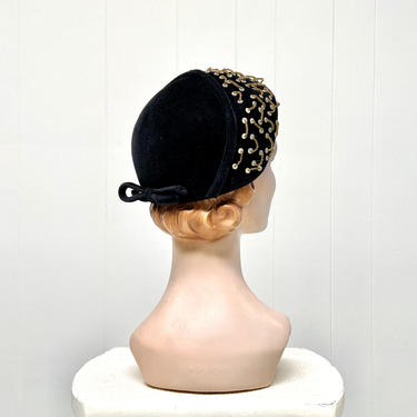 Vintage 1950s Black Flamand Velour Hat, 50s Beaded Felt Bonnet, Mid-Century Cocktail Hat, One Size 