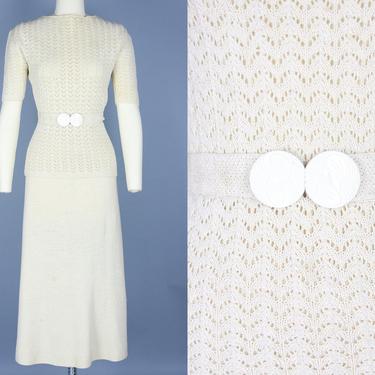 1930s KNIT SET | Vintage 30s Off White Sweater &amp; Skirt Suit with Belt | small 