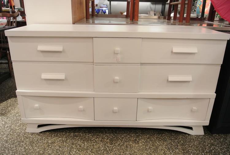 White painted midcentury modern dresser