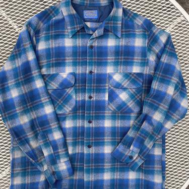Vintage Pendleton Blue Wool Shadow Plaid Board Shirt XL 