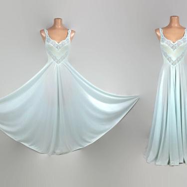 Vintage 70s RARE Olga Body Silk Aqua &amp; Green Full Sweep Nightgown | 1970s Stretch Nylon Chevron Lace Gown | Wedding Bridal Lingerie | S 9295 