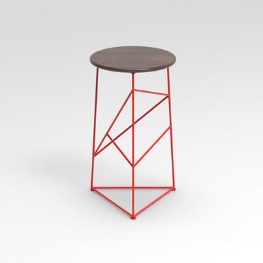 Stool,  Modern Steel Bar Stool in a Red  Finish with Solid Walnut Seat 