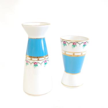 PAIR Lomonosov Cylinder Vases Vintage Anastasia Sevres Blue Hand Painted Ribbed Russian Gilded Porcelain 