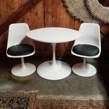 Mid Century Modern Krueger Tulip Chairs with Newly Upholstered Leather Cushions and White Leather Covered Krueger Tulip Table - 3 PIece Set