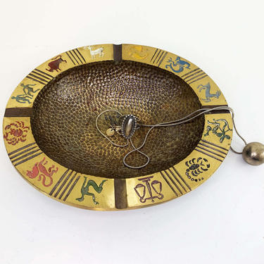 Vintage Brass Oppenheim Ashtray Zodiac Signs Astrology Israel Oval Dish Jewelry Holder Trinket Bowl 1970s 70s Boho Horoscope Signs 