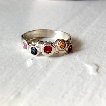 Rainbow Sapphire Bubble Ring Band in Sterling Silver 