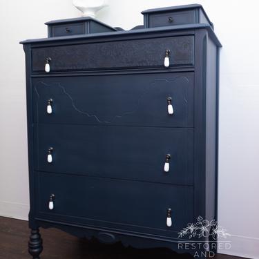 Refinished chest of drawers / dresser navy blue on legs Jacobean style vintage solid wood 
