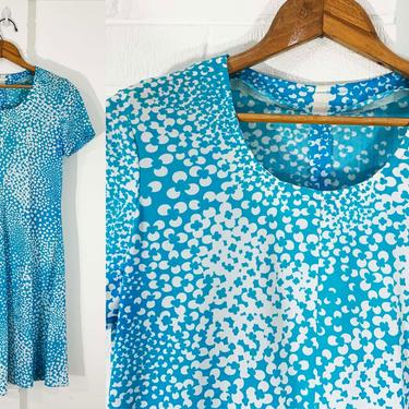 True Vintage Turquoise Blue Abstract A-Line Dress 70s Mod White 1960s 60s 1970s Mini Dress Mod Twiggy Short Sleeve Floral Large Medium 