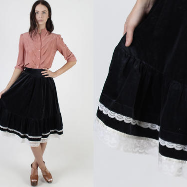 Vintage 70s Gunne Sax Skirt Navy Velvet High Waist Lace Evening Cocktail Mini Midi Skirt 