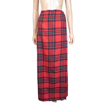 Vintage 70s Plaid Pleated Wool Maxi Wrap Skirt Size L 