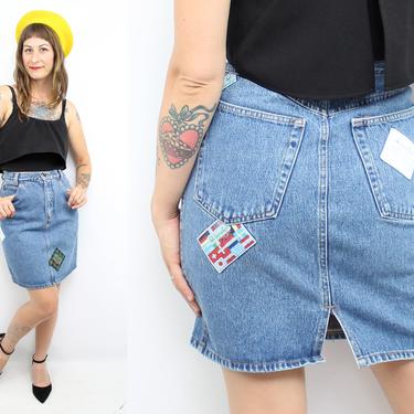 SALE Vintage 90's Blue Denim Skirt / 1990's High Waisted Benetton Skirt / Patches / Spring Summer / Women's Size Small by Ru