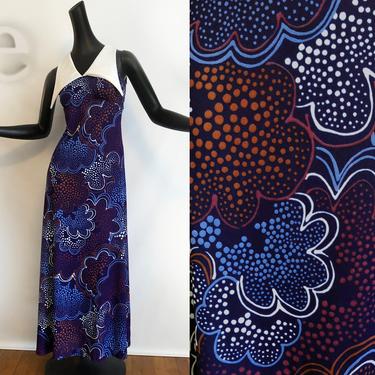 Vintage 70s Maxi Dress | Huge Collar | MOD Psychedelic Swirl Cloud Flower Power Print | Hippie Boho Hawaiian Tiki Oasis Hukilau | Size Small 