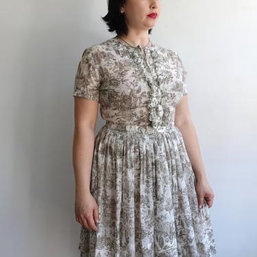 Vintage 50s Toile Shirtwaist Dress with Belt/ 1950s 1960s French Countryside Novelty Print Short Sleeve Summer Dress/ Size Medium large 