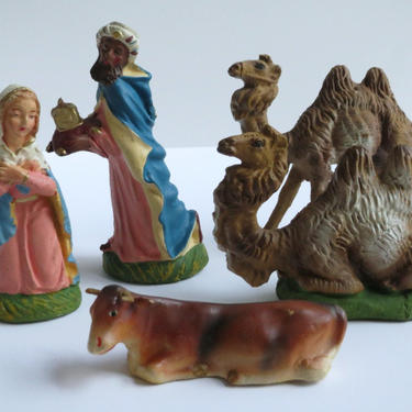 Vintage Chalkware Creche / Camel / Cow / Wise Man / Mary / Plaster / From Italy and Germany 
