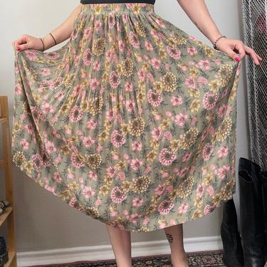 Vintage sage floral sag harbor midi skirt pleated pink and green women’s small elastic high waisted 6 8 