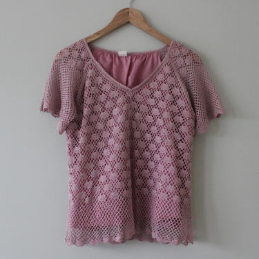 Vintage Light Purple Open Crochet Knit Short Flutter Sleeve Top Women's Size XS S 