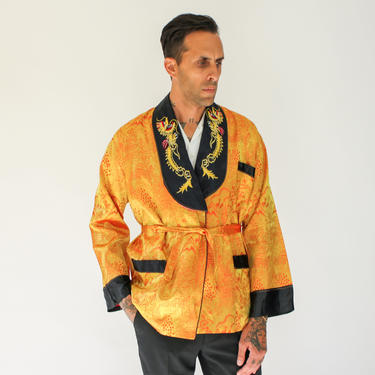 Vintage 50s Mens Gold and Black Asian Brocade Silk Smoking Jacket with Embroidered Dragon Shawl Lapel | 1950s Gentleman Souvenir Jacket 