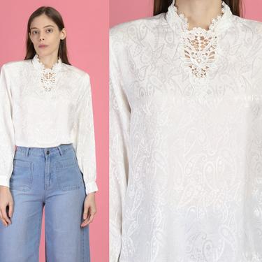80s White Paisley Jacquard Satin Blouse - Large | Vintage Long Sleeve Lace Collar Button Up Top 
