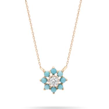 Tiny Turquoise + Diamond Flower Necklace - Yellow Gold