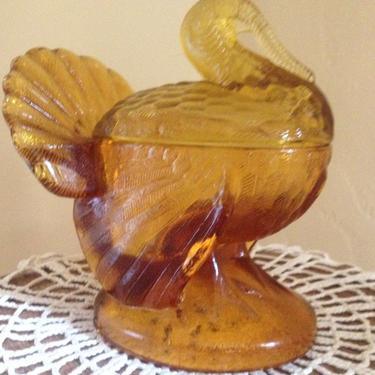 Pretty Vintage Pressed glass Amber Turkey Jam or Candy Covered Jar 
