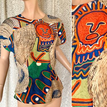 Vintage 80s Top, Abstract Jungle, Lion, Artsy Tribal Print, Tapered Fit Blouse, Fits Size L-XL 