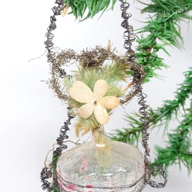 1800's Victorian Wire Wrapped Mercury Glass Basket with Flower, Antique German Christmas Ornament 