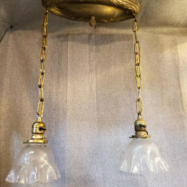 Double Pendant Brass Light. Etched Floral Shades. 19 x 21.5