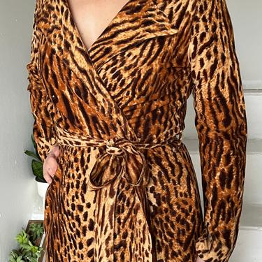 Iconic Sexy 1970s Soft Leopard Robe Duster Belted S/M Vintage 