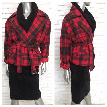 Vintage 90's Red and Gray Plaid Belted Jacket Lumberjack Women's Wrap Jacket M/L 
