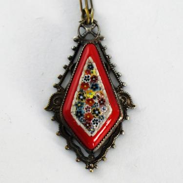 Unusual 60's micro mosaic flowers brass 3D affixed boho pendant, ornate floral inverted kite glass & metal hippie necklace 