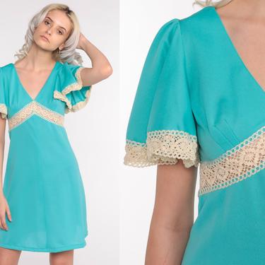 Keyhole Babydoll Dress 70s Boho Mini Turquoise FLUTTER SLEEVE Lace Dress 1970s Vintage Empire Waist Bohemian Dolly Minidress Small S 