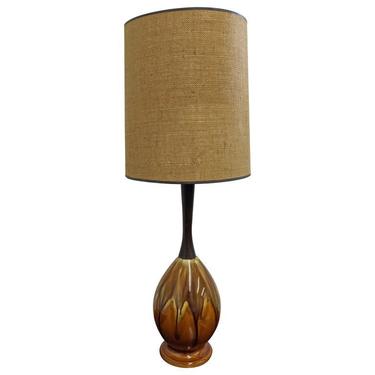 Mid-Century Lamp Danish Modern Drip Glaze Ceramic Walnut Table Lamp 