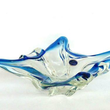 Murano Lavorazione Italian Art Glass Sapphire Blue and Clear Candy Dish 817B