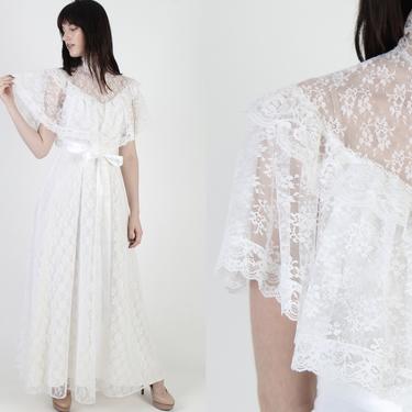 Vintage 70s Prairie Wedding Dress / Sheer White Floral Lace Maxi Dress / High Collar Solid Bridal Dress / Victorian Inspired long Dress 