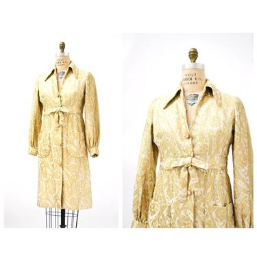 60s 70s Vintage Gold Brocade Cocktail Dress Rhinestone Buttons Shannon Rodgers for Jerry Silverman Medium 60s 70s Gold White Metallic Dress 